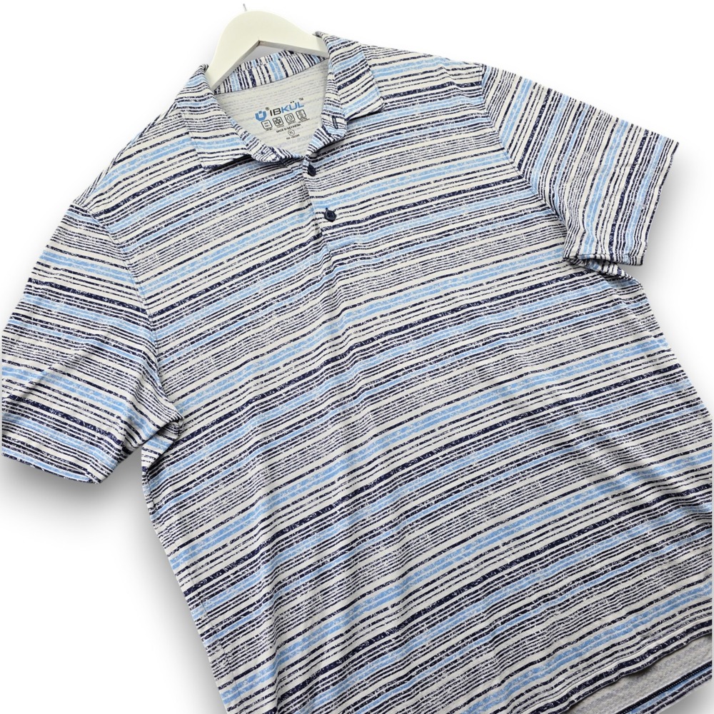 IBKUL Mens Polo Shirt XL Blue White Stripe Nylon Performance UPF 50 Quick Dry